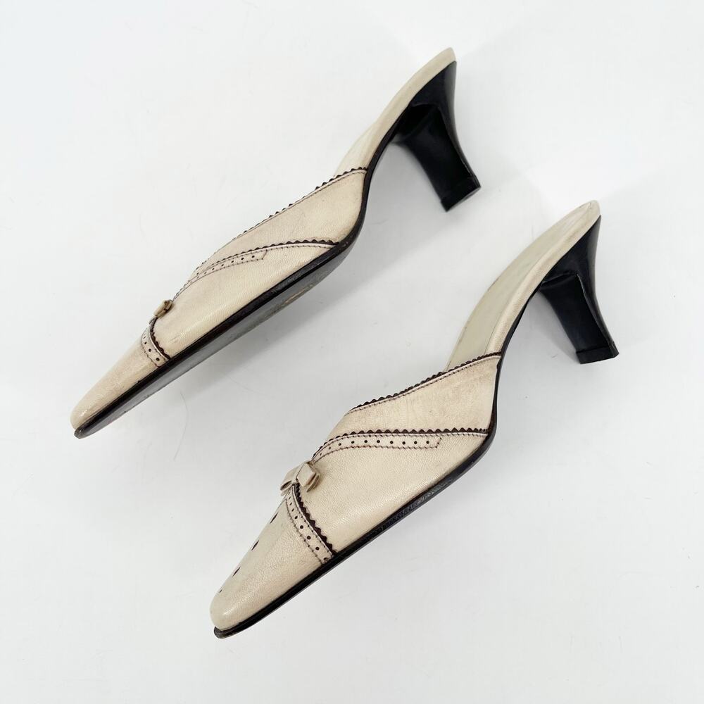 Vintage Prada Beige Neutral Leather Bow Pointed Toe Slide Mules Heels IT 36 - Picture 4 of 12